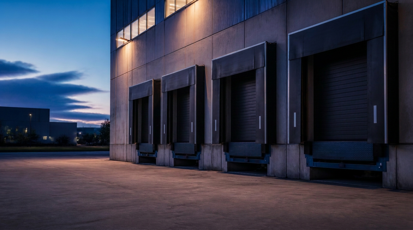 Commercial industrial property at dusk